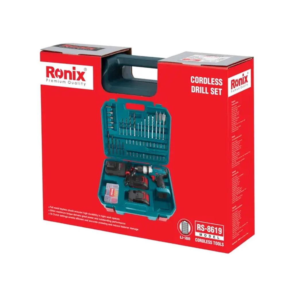کیت دریل چکشی شارژی 20 ولت دو باطری 53 پارچه مدل RS-8619  رونیکس