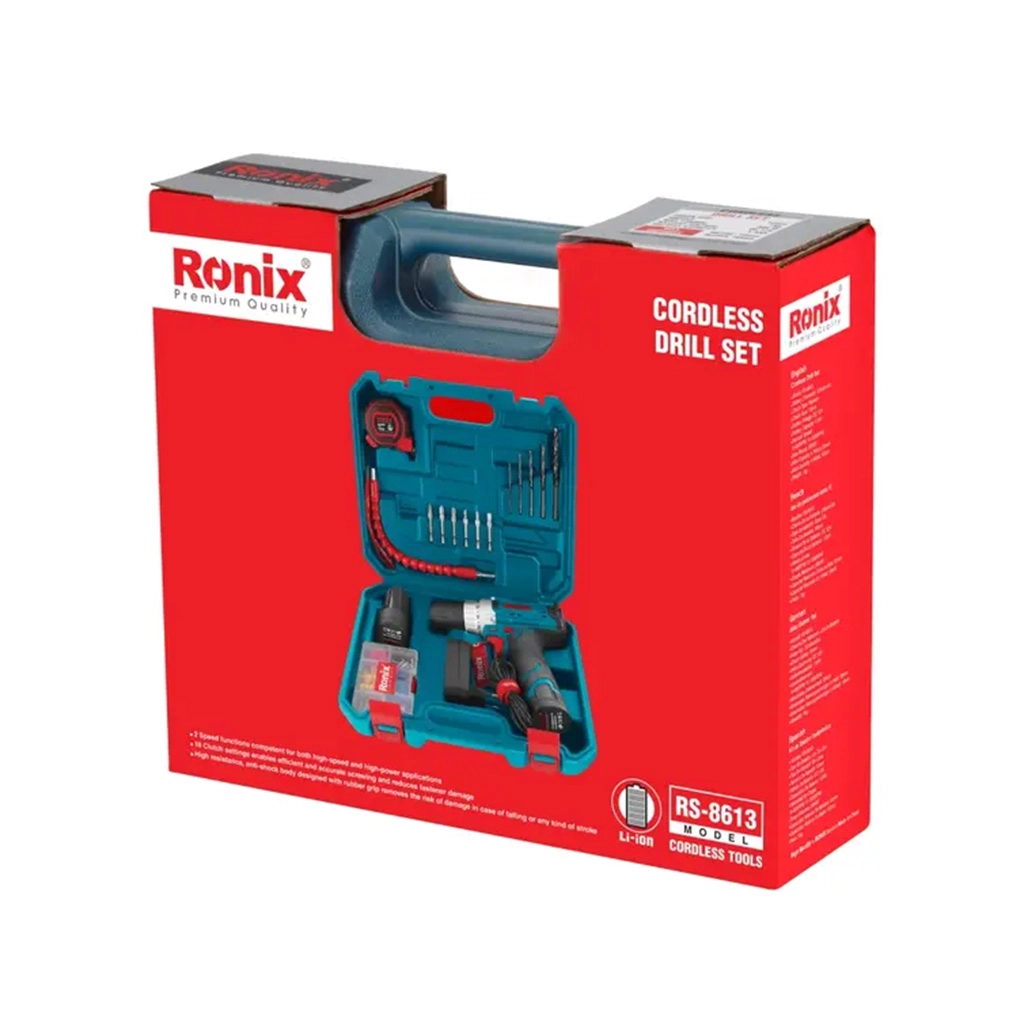 کیت دریل شارژی 12 ولت تک باطری 19 پارچه مدل RS-8613  رونیکس